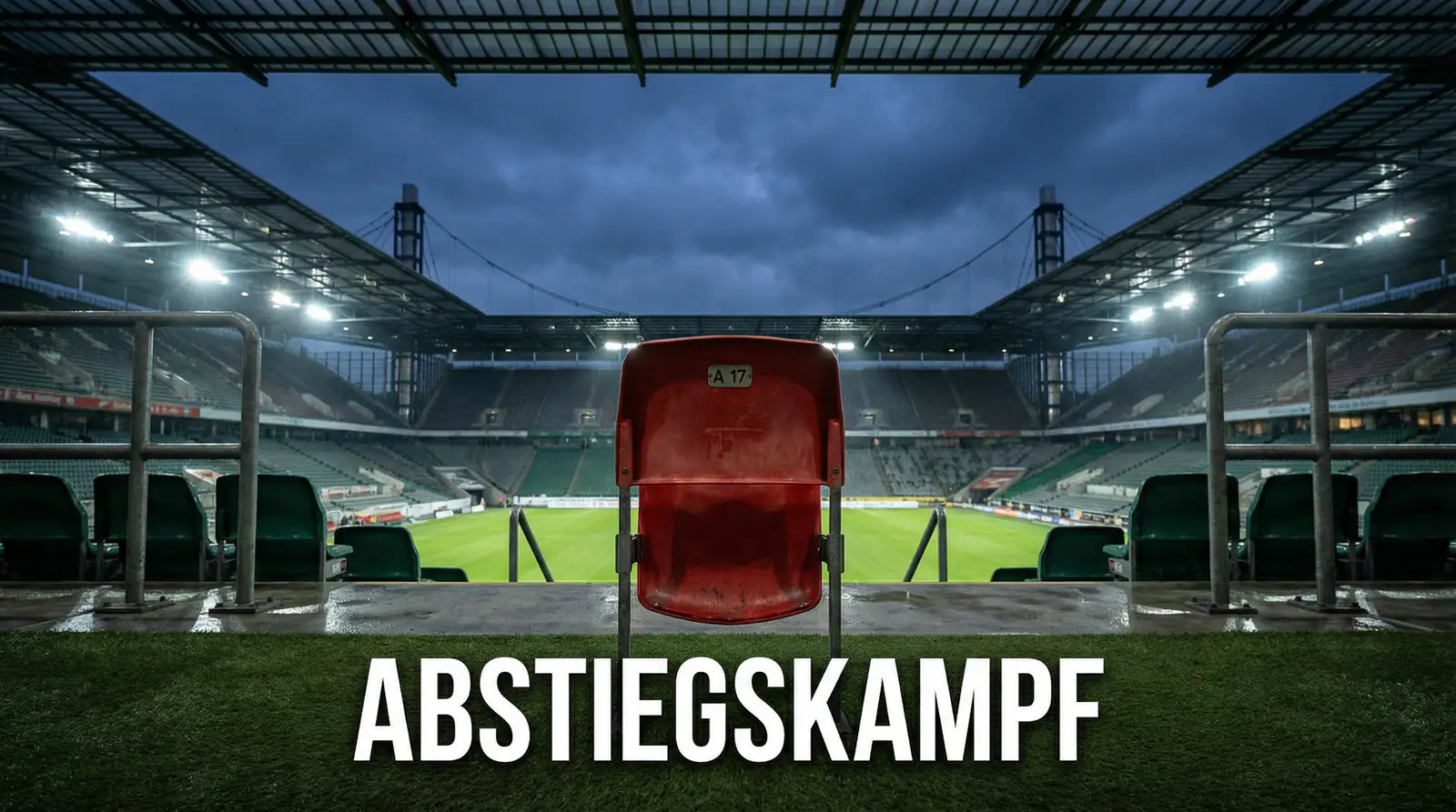 Bundesliga Abstiegskampf – leere Tribüne eines Fußballstadions unter dramatischem Flutlicht