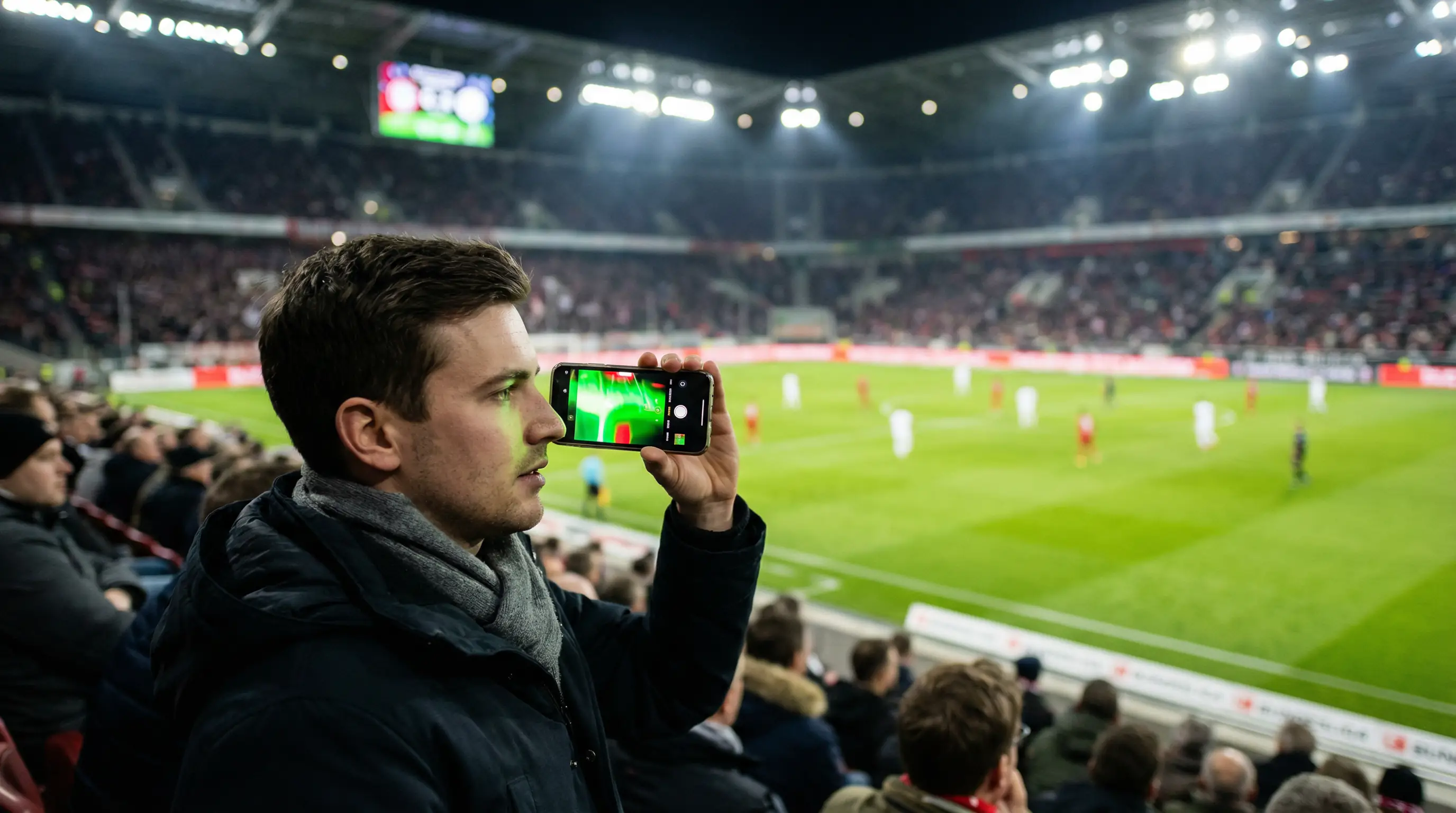Bundesliga Live Wetten In-Play – Fan verfolgt Spiel auf Smartphone im Stadion