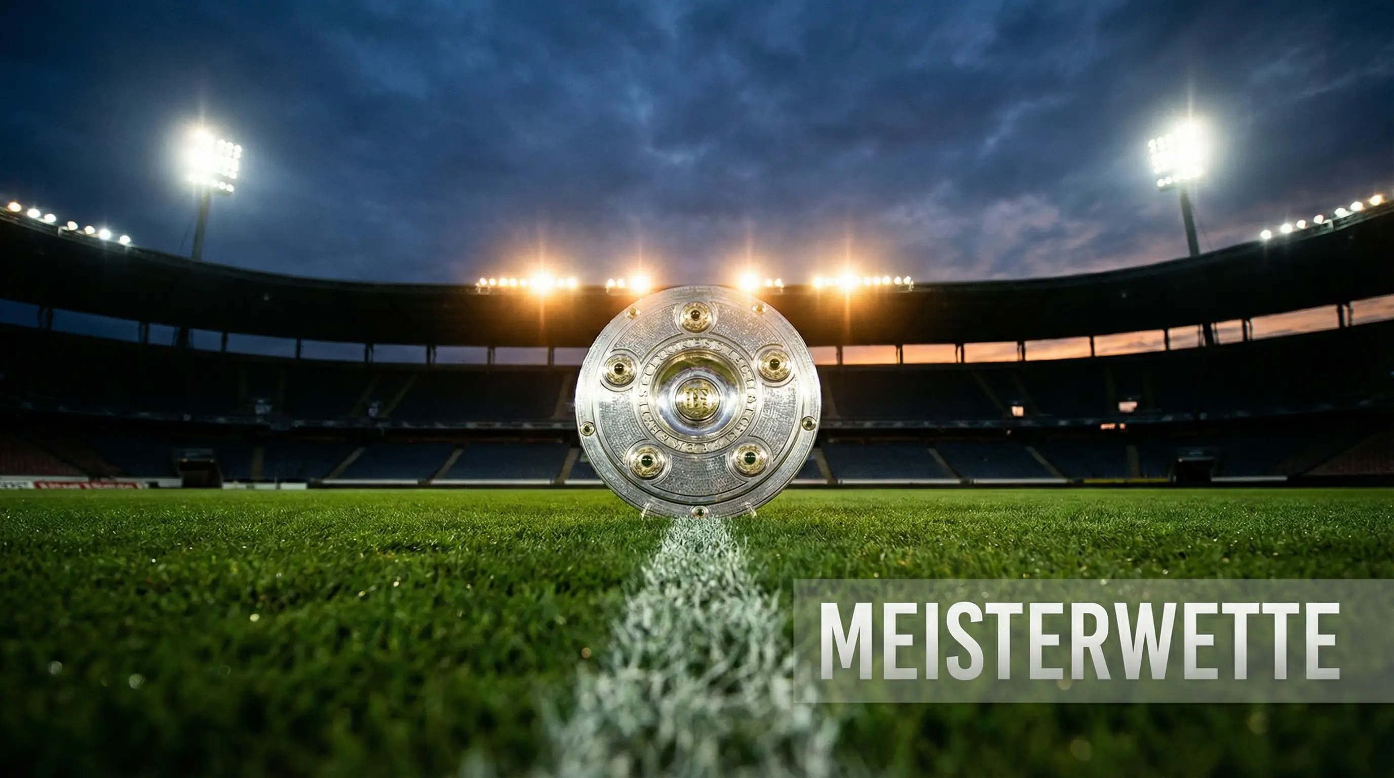 Bundesliga Meisterwette – Meisterschale auf dem Rasen eines Fußballstadions im Flutlicht