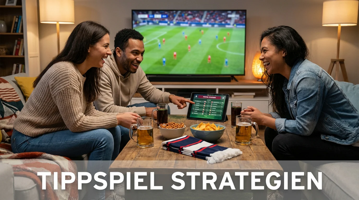 Bundesliga Tippspiel – Gruppe von Freunden tippt gemeinsam am Tisch vor dem Fernseher