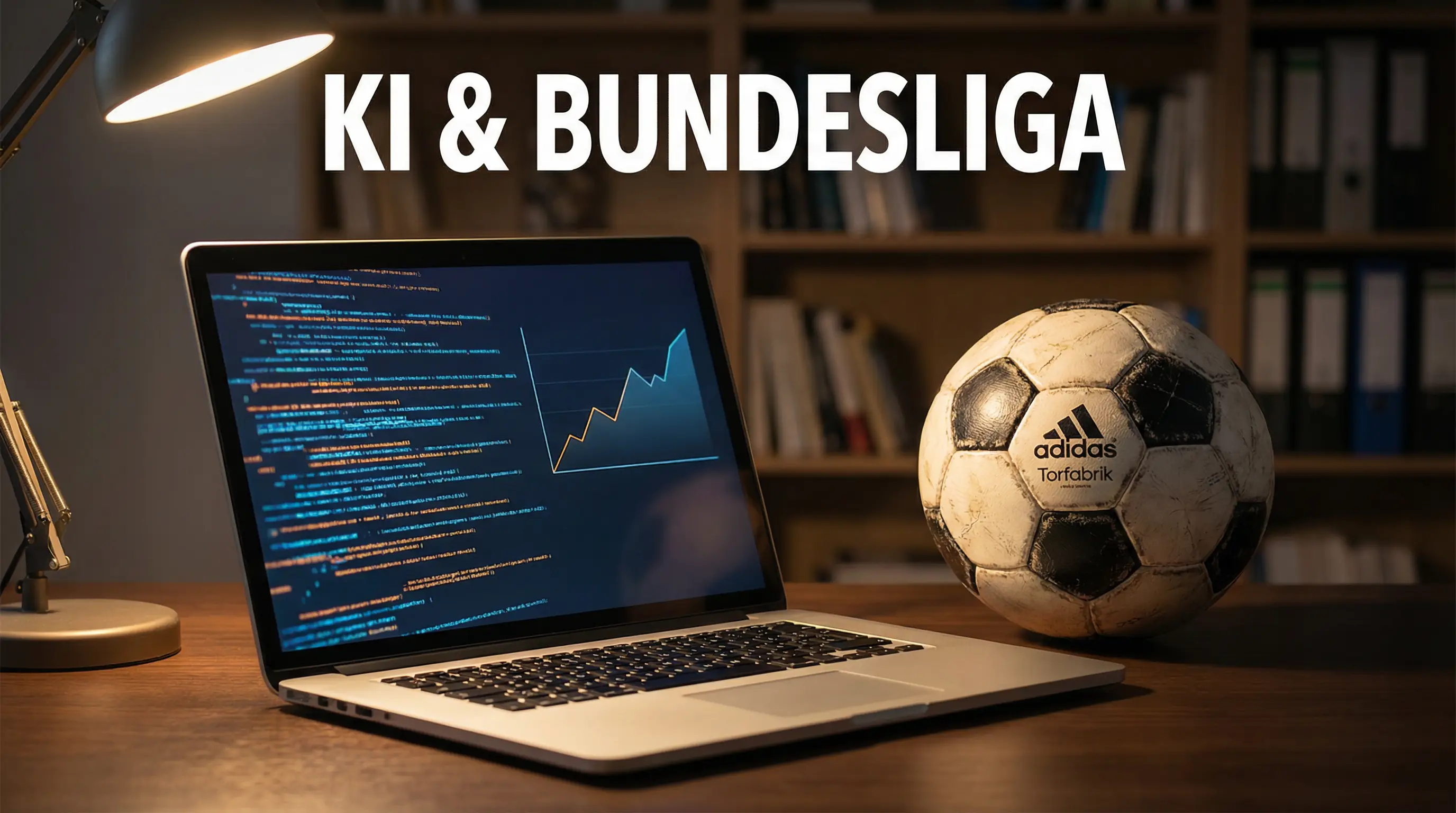 KI-Prognosen Bundesliga – Laptop mit Datenanalyse neben einem Fußball auf dem Rasen