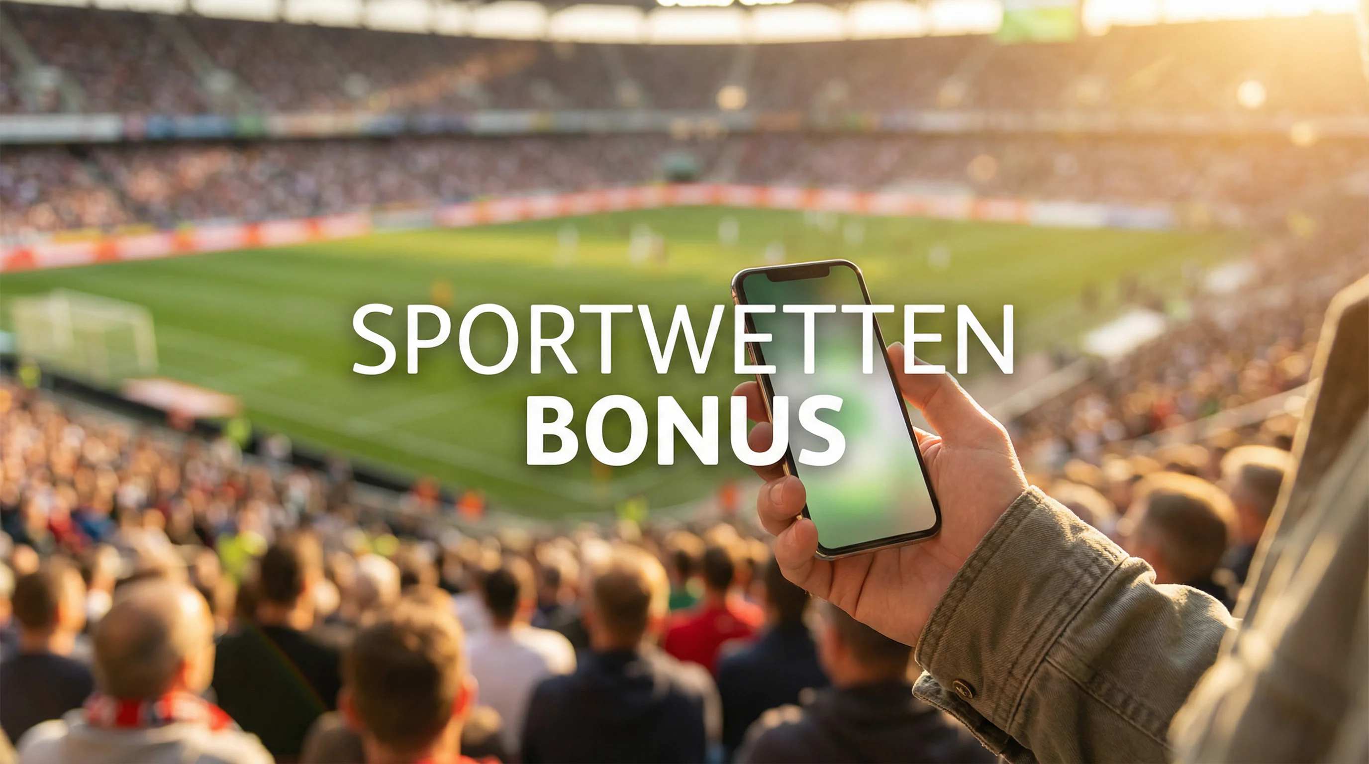 Sportwetten Bonus Bundesliga – Hand hält Smartphone mit Bonusangebot vor Fußballstadion