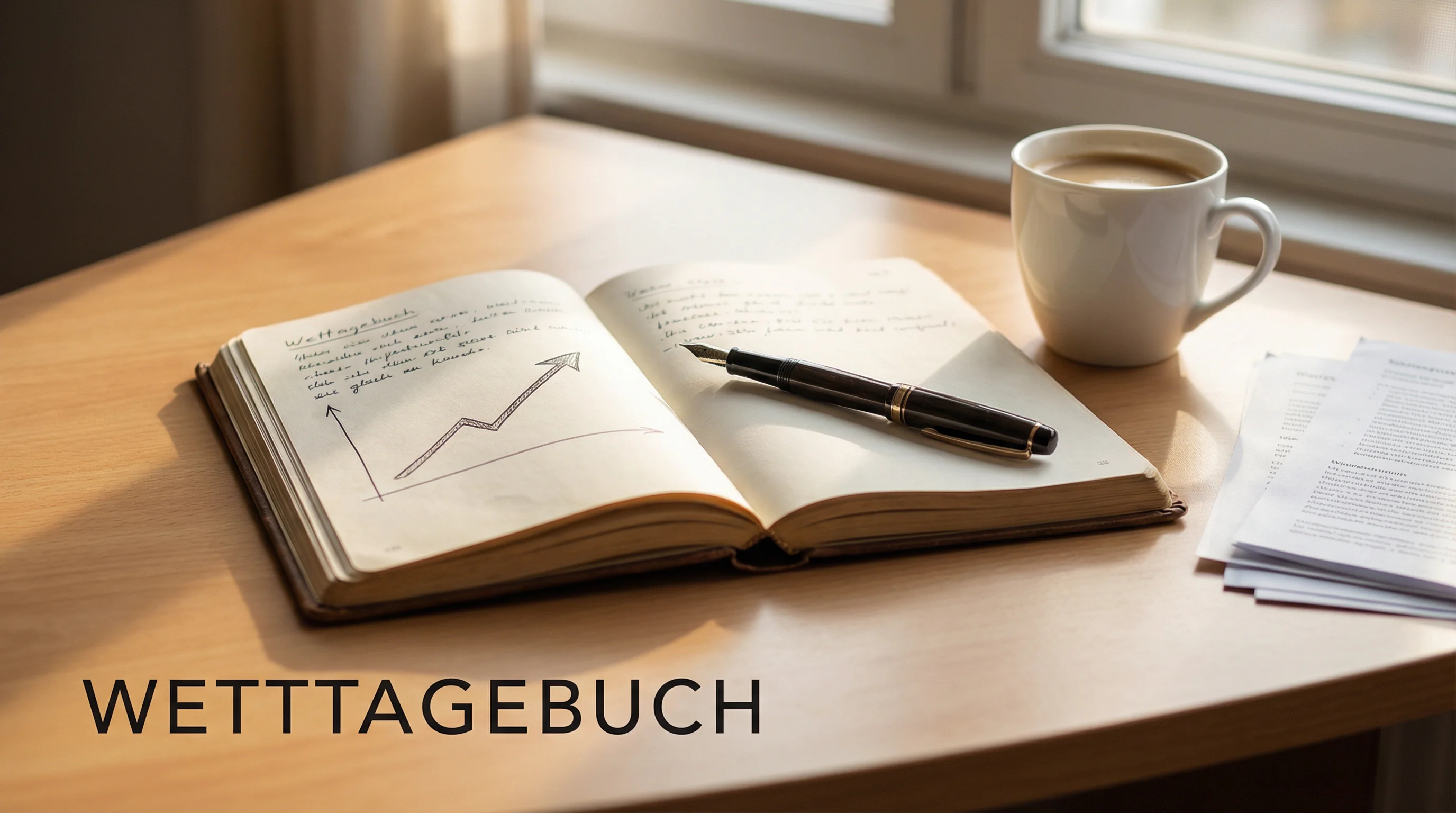 Wetttagebuch führen – aufgeschlagenes Notizbuch mit Stift auf einem Schreibtisch neben einer Tasse Kaffee